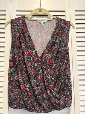 BCBG Black Floral Wrap-Style Sleeveless Camisole with Pink and Blue Accents